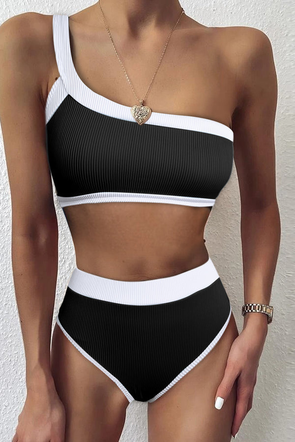 Black One Shoulder Patchwork High-waisted Bikini Set