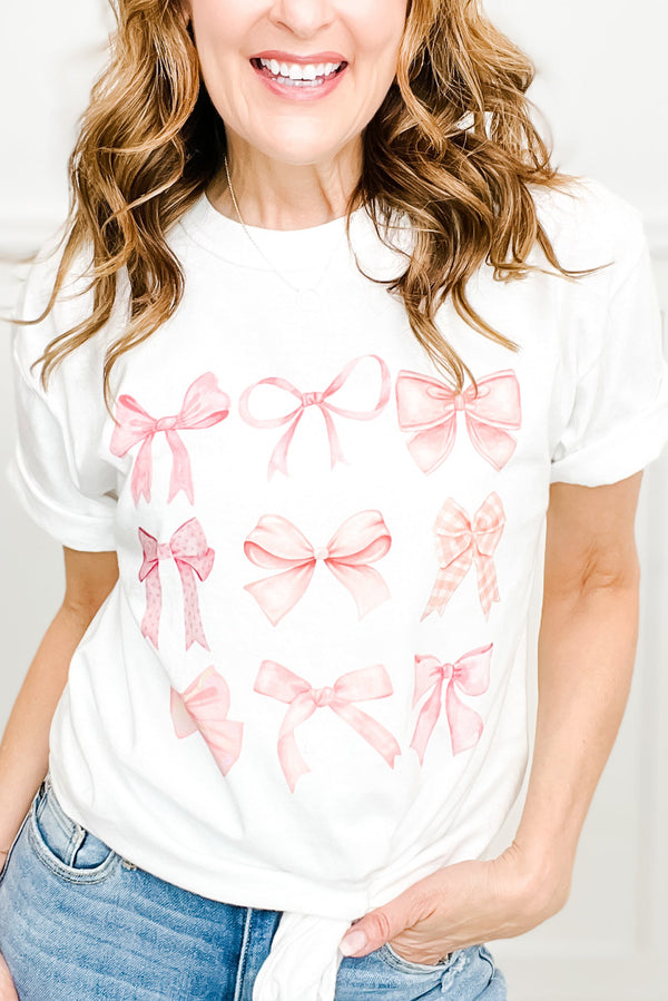 White Girly Bowknot Graphic Cotton Blend T Shirt
