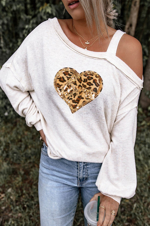 Beige Leopard Sequined Love Heart One Shoulder Top