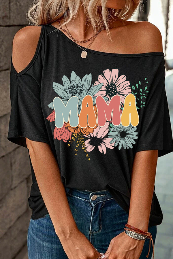 Black MAMA Flower Print Asymmetric Neck Casual T Shirt
