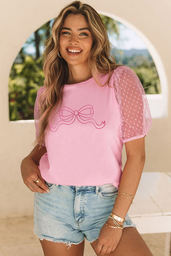 Pink  Bow Knot Embroidered Swiss Dot Mesh Sleeve Top