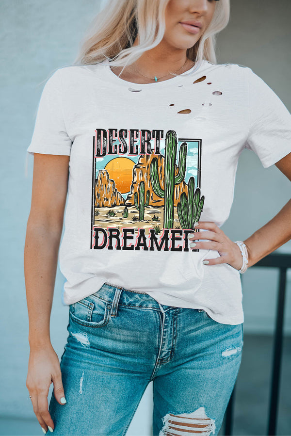 White DESERT DREAMER Western Cactus Print Ripped T Shirt