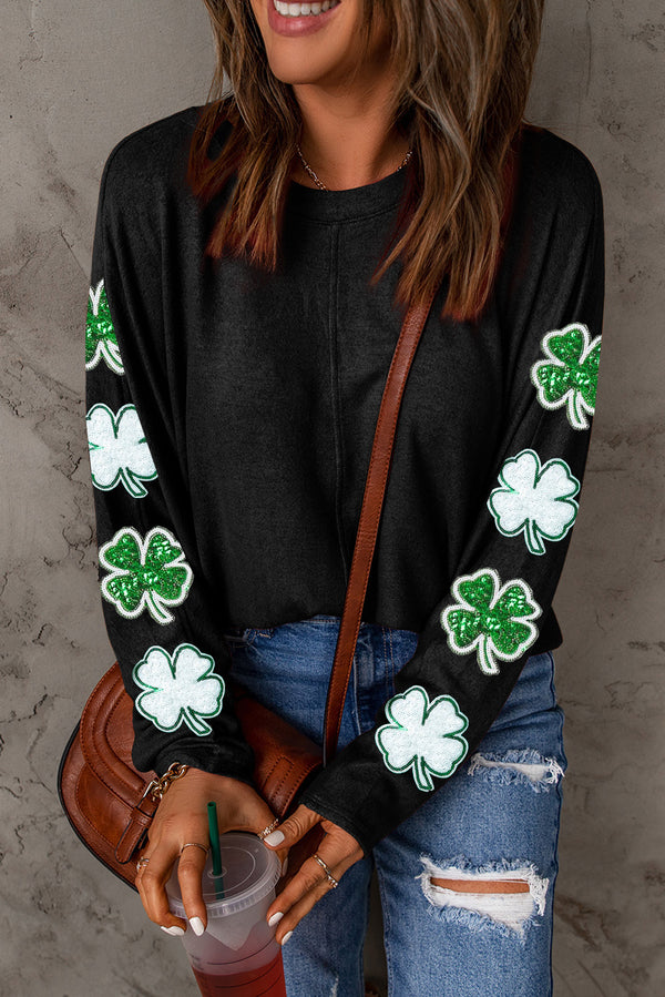 Black Sequined St Patrick Clover Patched Long Sleeve Top