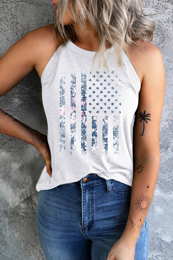 White Floral Detail American Flag Print Graphic Tank Top