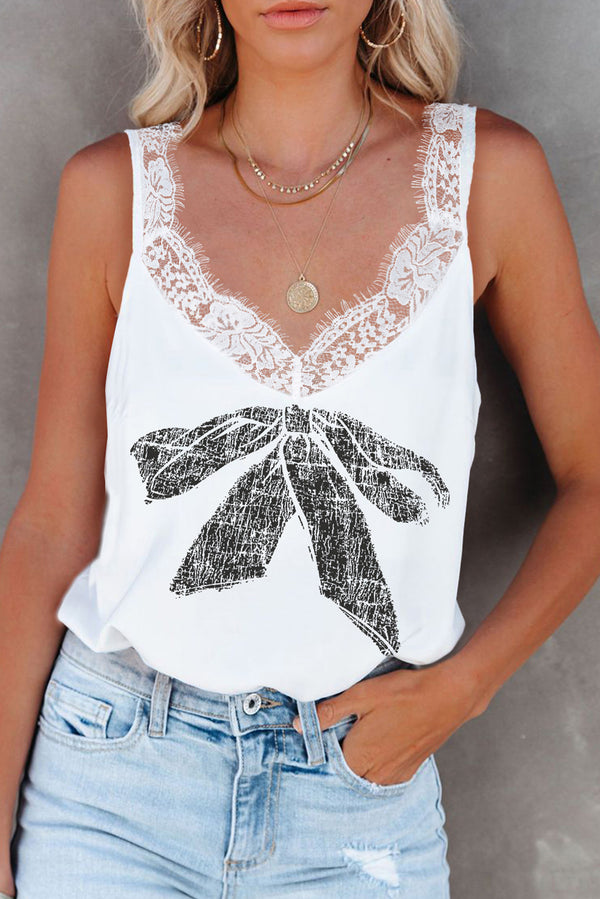 White Bow Knot Print Lace Splicing V Neck Tank Top