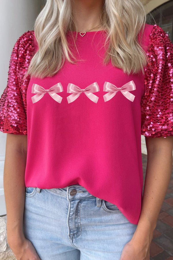 Rose Red Bow Tie Print Sequin Contrast Sleeve T Shirt