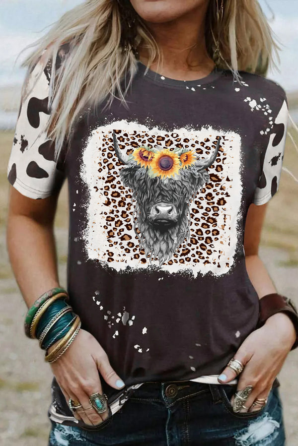 Black Western Bleached Tie-dye Leopard Heifer Graphic Tee