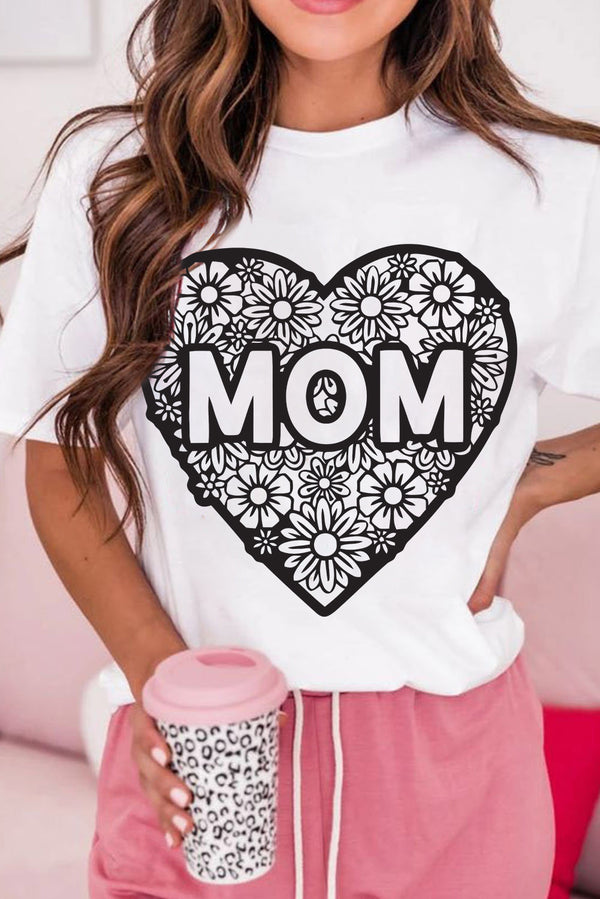White MOM Flower Heart Shaped Print Crewneck T Shirt