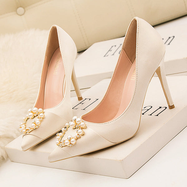 Satin Pearl Buckle High Heel