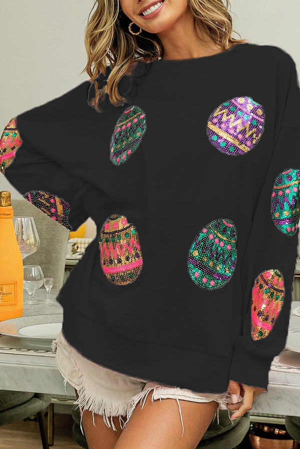 Black Sequined Easter Egg Drop Shoulder Oversized Sweatshirt