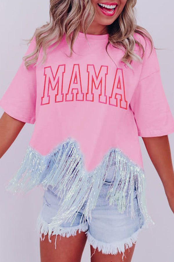 Pink MAMA Embroidered Sequin Tassel Patchwork T Shirt