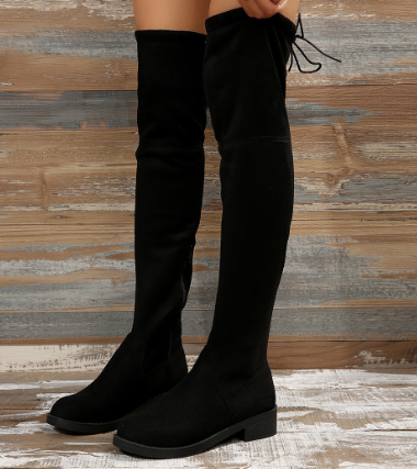 Tillbuy Women's Thigh High Fashion Boots Over The Knee Black Low Flat Heel Boots