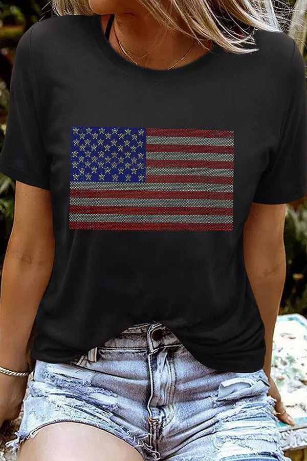 Black Rhinestone American Flag Round Neck Casual Tee