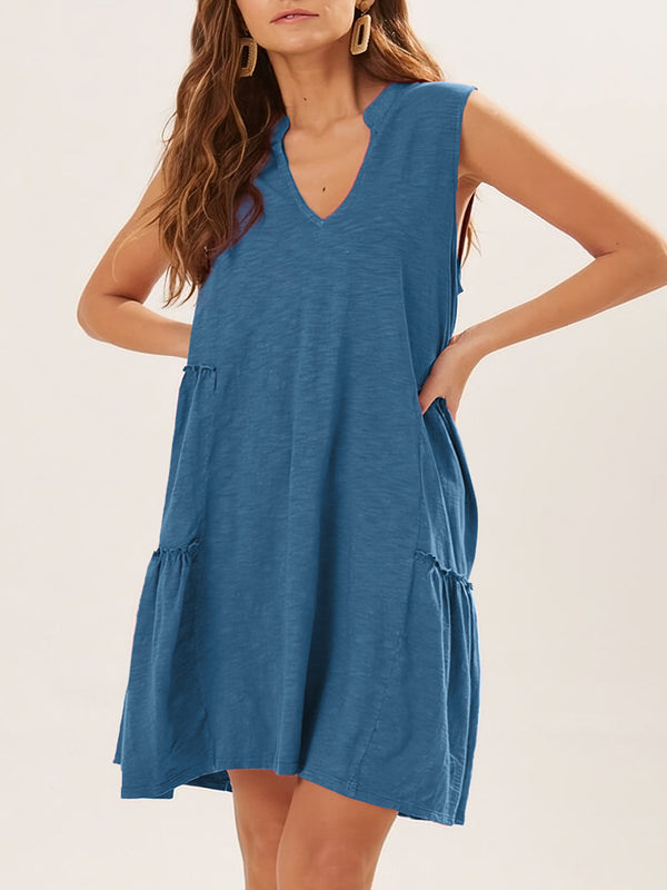 Sail Blue Split V Neck Tiered Flowy Sleeveless Dress