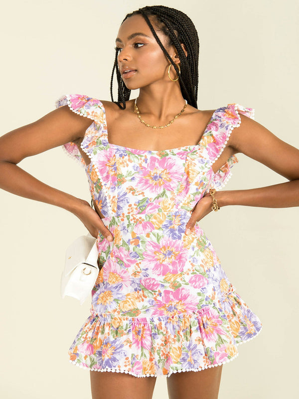 Floral Ruffle Back Tie Mini Dress