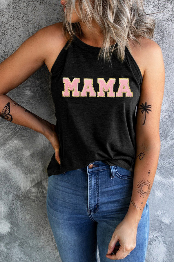 Black MAMA Chenille Patched O Neck Tank Top