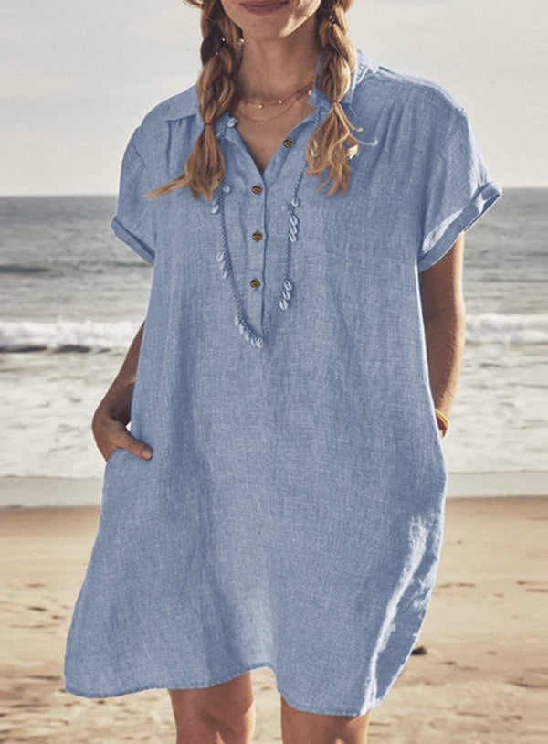 Tillbuy Button-down Cotton Linen Beach Dress
