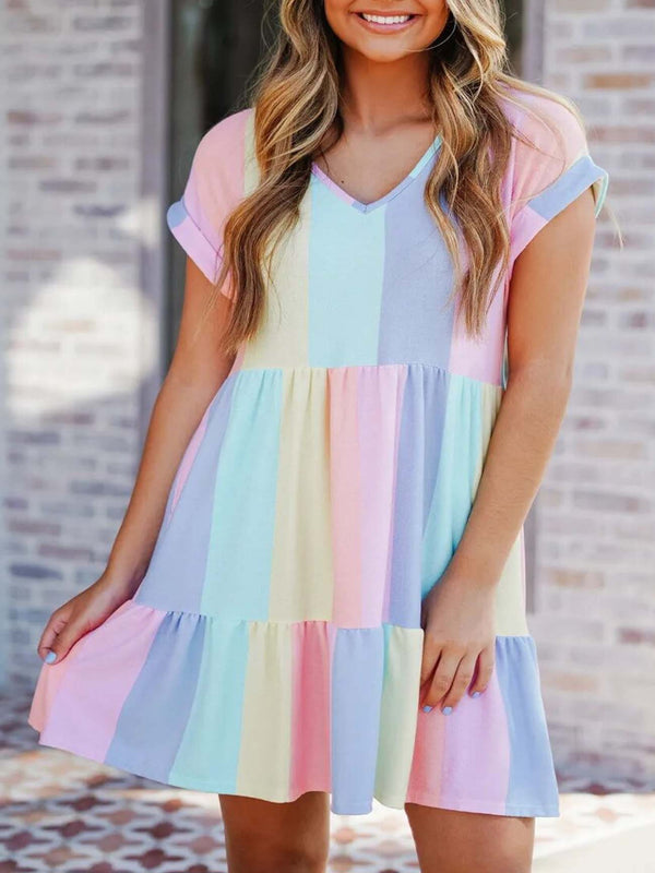 Tillbuy Rainbow Short Sleeve V Neck Dress