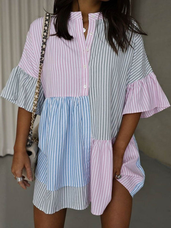 Contrast Striped Flares Sleeve Shirt Dress