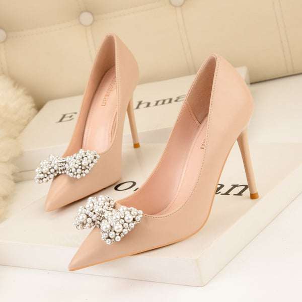 Suede Pearl Bow Pumps
