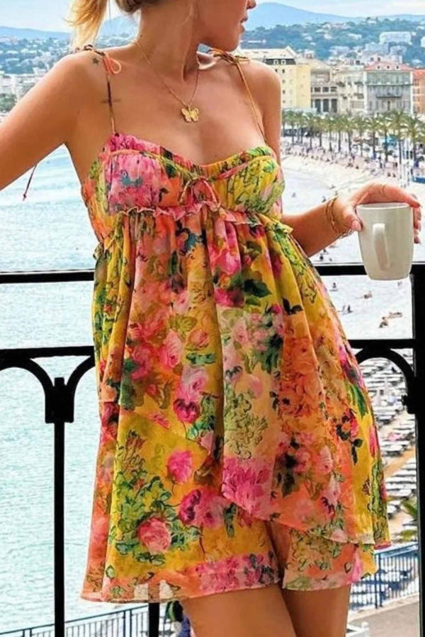 Ruffled Floral Printed Irregular Mini Dress