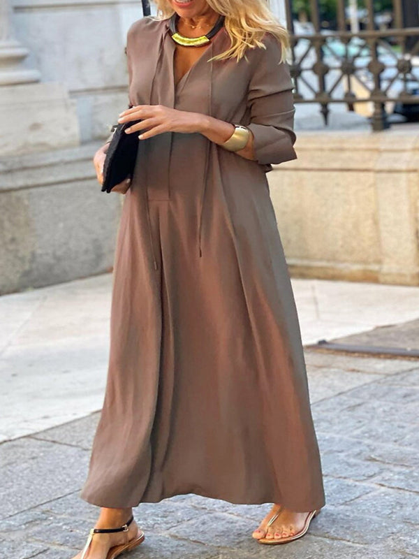 Tillbuy Tie-up Long Sleeve  Comfortable Maxi Dress