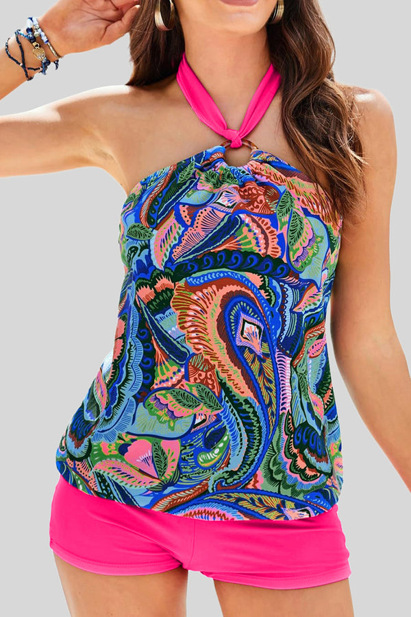 Green Tropical Print Halter Tankini with Swim Shorts